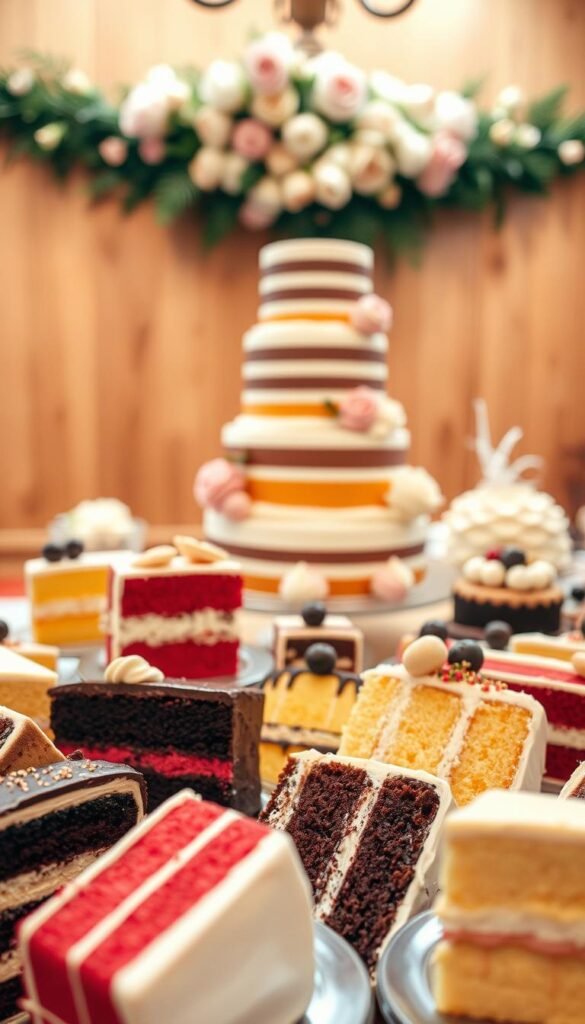 A beautifully crafted dessert table showcasing an array of tempting cake flavors. In the foreground, an assortment of delectable slices, each one a unique blend of colors, textures, and aromas - from a rich and velvety chocolate cake to a zesty lemon sponge, and a decadent red velvet creation. In the middle ground, a towering tiered cake, its layers frosted to perfection, surrounded by an elegant display of toppings and garnishes. The background features a warm, softly lit setting, with a wooden backdrop and subtle floral accents, creating a refined and inviting atmosphere. The overall scene exudes a sense of indulgence and celebration, perfectly capturing the essence of choosing the right cake flavors for any special occasion.