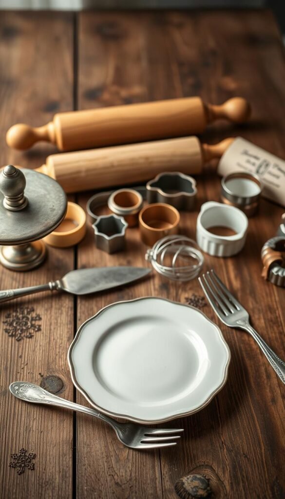 A beautifully curated arrangement of vintage and modern dessert presentation tools, meticulously organized on a rustic wooden surface. In the foreground, an elegant silver cake stand, a delicate porcelain plate, and an ornate silver fork create a timeless elegance. In the middle ground, a set of vintage pastry tools, including a rolling pin, cookie cutters, and a whisk, convey a sense of tradition and craftsmanship. The background features a soft, warm lighting, casting a gentle glow and highlighting the textures and details of the various implements. The overall mood is one of thoughtful curation, blending the old and the new, inviting the viewer to explore the possibilities of personalized dessert styling.