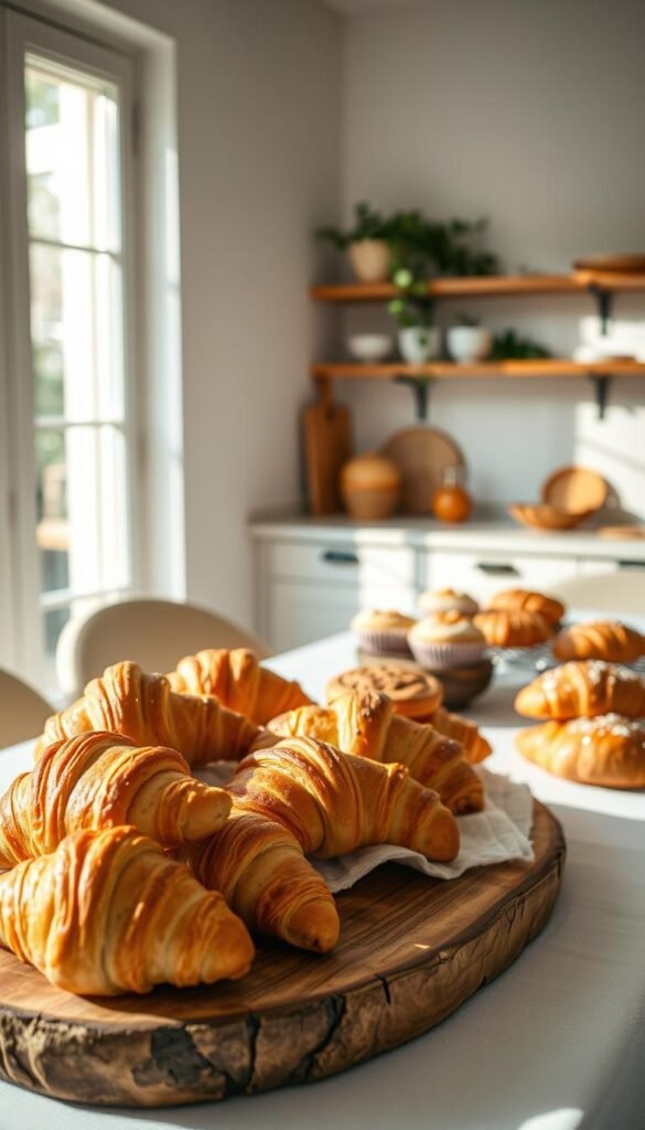 A beautifully lit, natural-looking baking scene with a stylish, minimalist display of freshly baked treats. The foreground features an assortment of croissants, scones, and pastries artfully arranged on a rustic wooden board. Soft, diffused lighting from a large window casts gentle shadows, highlighting the warm tones and textures of the baked goods. In the middle ground, a simple white or linen tablecloth provides a clean, elegant backdrop. The background suggests a cozy, modern kitchen, with subtle hints of natural elements like potted plants or a wooden shelf. The overall mood is one of inviting simplicity, showcasing the beauty of the baked creations through thoughtful, natural styling and lighting.