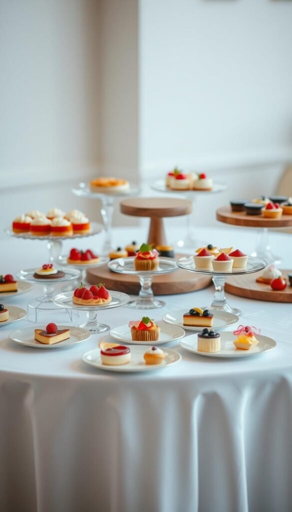 A beautifully styled dessert display with an elegant, minimalist aesthetic. The table is set with a crisp white tablecloth, allowing the desserts to take center stage. In the foreground, an assortment of delicate, artfully plated desserts are arranged in a visually appealing manner, each one a delectable work of art. The middle ground features a mix of glass stands, ceramic platters, and wooden trays, creating a harmonious and visually interesting display. The background is softly lit, with a subtle bokeh effect that adds depth and a sense of sophistication. The overall mood is one of refined simplicity, inviting the viewer to imagine the flavors and textures of the desserts. A beautifully styled dessert display with an elegant, minimalist aesthetic. The table is set with a crisp white tablecloth, allowing the desserts to take center stage. In the foreground, an assortment of delicate, artfully plated desserts are arranged in a visually appealing manner, each one a delectable work of art. The middle ground features a mix of glass stands, ceramic platters, and wooden trays, creating a harmonious and visually interesting display. The background is softly lit, with a subtle bokeh effect that adds depth and a sense of sophistication. The overall mood is one of refined simplicity, inviting the viewer to imagine the flavors and textures of the desserts.