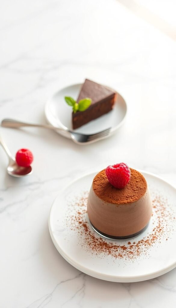 A beautifully styled dessert presentation on a sleek, white marble countertop. In the foreground, a delicate chocolate mousse is elegantly topped with a dusting of cocoa powder and a single, glistening raspberry. Beside it, a small plate holds a perfectly portioned slice of rich, fudgy chocolate cake, garnished with a sprig of fresh mint. In the middle ground, a silver dessert spoon and fork are arranged in an artful, asymmetrical manner, capturing the essence of precise plating techniques. The background features soft, natural lighting, flooding the scene with a warm, inviting glow that accentuates the luxurious textures and colors of the desserts.