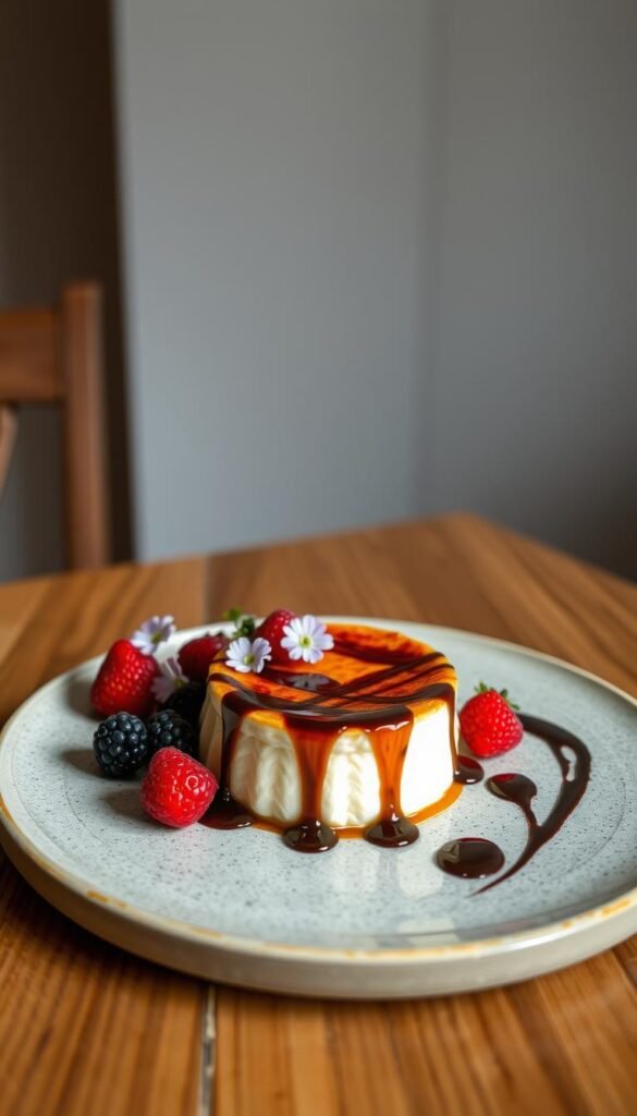 A beautifully styled dessert presentation on a wooden table, featuring an artfully plated crème brûlée with a glossy caramelized top, surrounded by fresh berries, edible flowers, and a drizzle of dark chocolate sauce. The lighting is soft and diffused, creating a warm, inviting atmosphere. The camera is positioned at a low angle, capturing the dessert from a slightly elevated perspective to showcase the intricate details and textures. The background is clean and minimalist, allowing the dessert to be the center of attention.