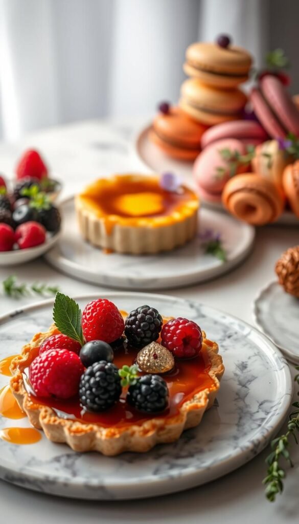 A beautifully styled dessert presentation with an assortment of elevated dessert hacks. The foreground features a delicate tart with a flaky crust, garnished with fresh berries and a drizzle of caramel. In the middle ground, a classic creme brulee with a golden, crisp topping sits atop a marble serving plate. The background showcases an artfully arranged platter of macarons in vibrant hues, complemented by sprigs of fresh herbs and edible flowers. The lighting is soft and diffused, creating a warm, inviting atmosphere that emphasizes the visual appeal of these carefully crafted desserts. A high-quality, professional-grade macro lens captures the intricate details and textures of these dessert presentation techniques.