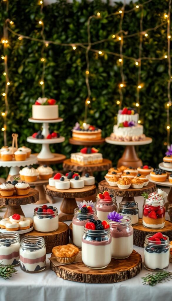 A beautifully styled dessert table, adorned with an array of tempting treats. In the foreground, an assortment of homemade-style cakes, pies, and pastries arranged on rustic wooden stands and platters. The middle ground features jars filled with decadent puddings, mousses, and custards, accented by fresh berries and edible flowers. In the background, a backdrop of lush greenery and string lights creates a warm, inviting ambiance. The lighting is soft and gentle, casting a golden glow over the delectable display. The overall composition is visually striking, enticing the viewer to indulge in the delightful spread. A beautifully styled dessert table, adorned with an array of tempting treats. In the foreground, an assortment of homemade-style cakes, pies, and pastries arranged on rustic wooden stands and platters. The middle ground features jars filled with decadent puddings, mousses, and custards, accented by fresh berries and edible flowers. In the background, a backdrop of lush greenery and string lights creates a warm, inviting ambiance. The lighting is soft and gentle, casting a golden glow over the delectable display. The overall composition is visually striking, enticing the viewer to indulge in the delightful spread.