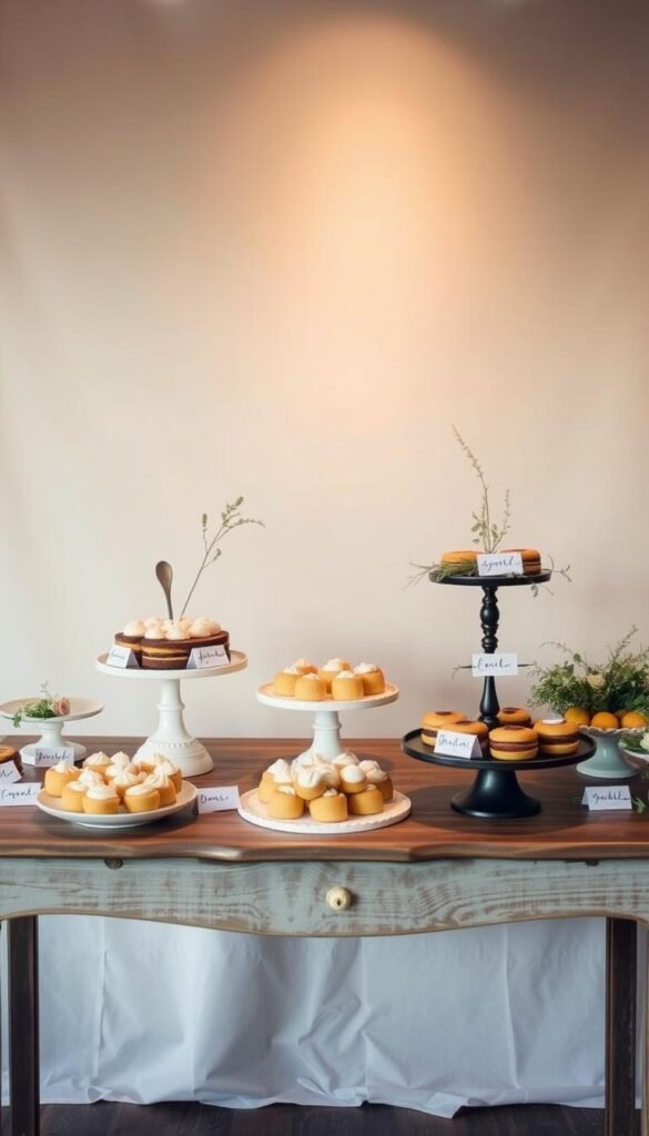 A beautifully styled dessert table set against a soft, neutral background. In the foreground, an assortment of homemade-looking treats arranged on a rustic wooden table, each adorned with custom labels in a handwritten font. Vintage-inspired stands and tiered platters showcase the delectable confections, while delicate florals and greenery add a touch of natural elegance. Warm, diffused lighting casts a subtle glow, creating an inviting, cozy atmosphere. The scene exudes a sense of effortless sophistication, suggesting a welcoming, homemade aesthetic perfect for an intimate gathering or special occasion. A beautifully styled dessert table set against a soft, neutral background. In the foreground, an assortment of homemade-looking treats arranged on a rustic wooden table, each adorned with custom labels in a handwritten font. Vintage-inspired stands and tiered platters showcase the delectable confections, while delicate florals and greenery add a touch of natural elegance. Warm, diffused lighting casts a subtle glow, creating an inviting, cozy atmosphere. The scene exudes a sense of effortless sophistication, suggesting a welcoming, homemade aesthetic perfect for an intimate gathering or special occasion.