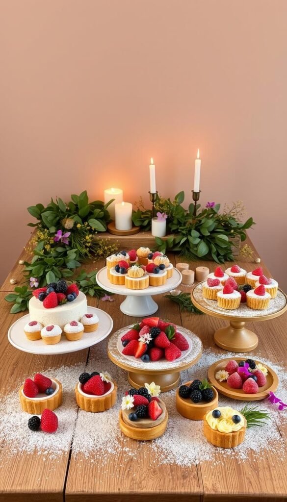 A beautifully styled dessert table set against a warm, inviting backdrop. In the foreground, an artful arrangement of assorted pastries, tarts, and cakes adorned with fresh berries, edible flowers, and a dusting of powdered sugar. The middle ground features a rustic wooden surface, complemented by lush greenery and scattered candles, casting a soft, romantic glow. In the background, a neutral-toned wall provides a clean, minimalist canvas, allowing the delectable offerings to take center stage. The overall composition evokes a sense of homemade elegance, inspiring viewers to elevate their store-bought desserts with simple, yet impactful, finishing touches. A beautifully styled dessert table set against a warm, inviting backdrop. In the foreground, an artful arrangement of assorted pastries, tarts, and cakes adorned with fresh berries, edible flowers, and a dusting of powdered sugar. The middle ground features a rustic wooden surface, complemented by lush greenery and scattered candles, casting a soft, romantic glow. In the background, a neutral-toned wall provides a clean, minimalist canvas, allowing the delectable offerings to take center stage. The overall composition evokes a sense of homemade elegance, inspiring viewers to elevate their store-bought desserts with simple, yet impactful, finishing touches.