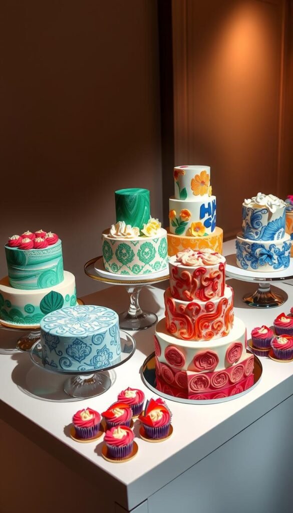 A beautifully styled dessert table with a stunning array of artistic cake designs, meticulously crafted with intricate patterns, vibrant colors, and delicate textures. The cakes are showcased on a sleek, minimalist display, illuminated by soft, directional lighting that creates dramatic shadows and highlights the elegant designs. The overall scene exudes a sense of sophistication and attention to detail, perfectly capturing the "Unique Serving Styles to Wow Your Guests" theme.