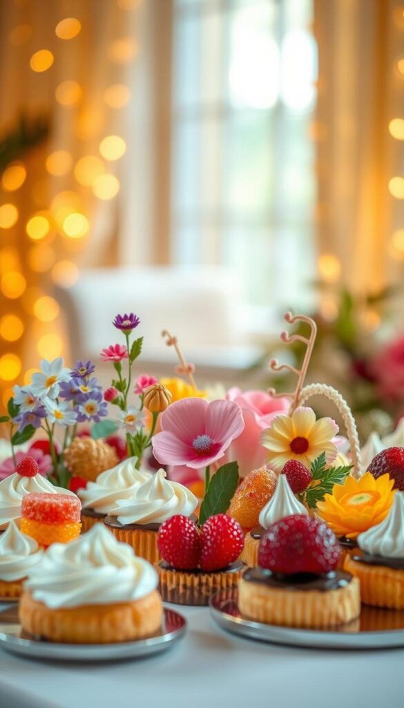 A beautifully styled dessert table with an assortment of creative cake toppings in the foreground. In the middle, an array of decorative elements like fresh flowers, candied fruits, edible glitter, and delicate piped frosting designs. The background is softly lit with warm, natural light, casting a cozy and inviting atmosphere. The toppings are meticulously arranged to create a visually striking and appetizing display, inspiring ideas for elevating any dessert. The image has a high-resolution, photorealistic quality captured with a sharp, wide-angle lens.