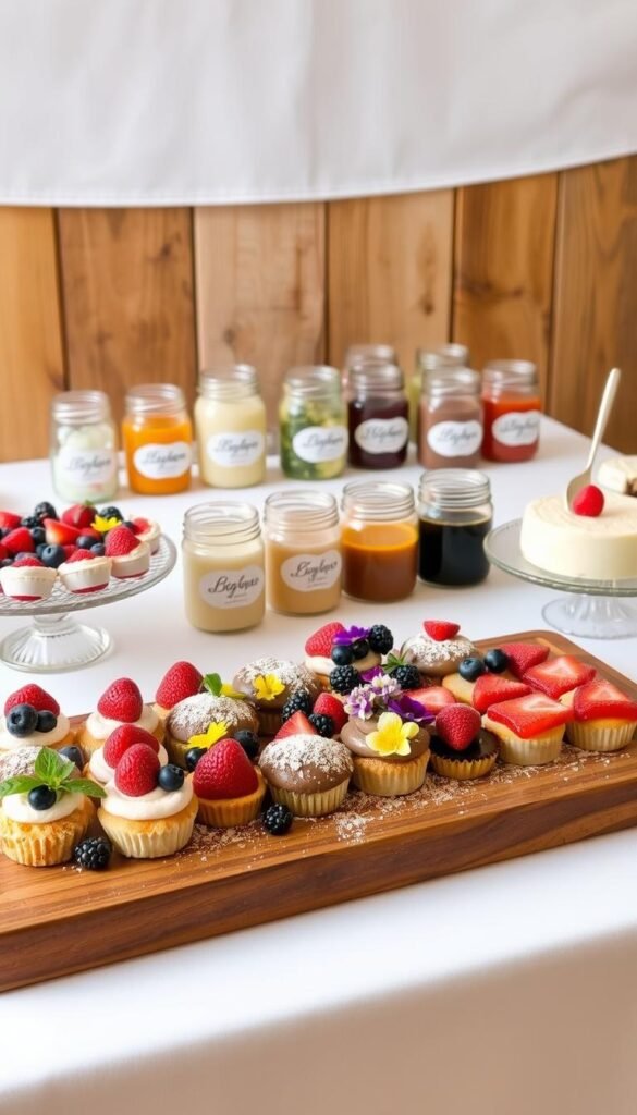 A beautifully styled dessert table with an elegant, homemade touch. In the foreground, an assortment of store-bought pastries and cakes arranged on a wooden serving tray, presented with an eye-catching array of fresh berries, edible flowers, and a light dusting of powdered sugar. In the middle ground, an assortment of mason jars filled with homemade toppings and sauces, their handwritten labels adding a personal, artisanal flair. In the background, a simple white tablecloth and a backdrop of rustic wood panels, creating a warm, inviting atmosphere. Soft, natural lighting casts a gentle glow, evoking a sense of comfort and homeliness. The overall scene conveys a harmonious balance of store-bought elements and homemade touches, inspiring the viewer to transform their own store-bought desserts into something truly special. A beautifully styled dessert table with an elegant, homemade touch. In the foreground, an assortment of store-bought pastries and cakes arranged on a wooden serving tray, presented with an eye-catching array of fresh berries, edible flowers, and a light dusting of powdered sugar. In the middle ground, an assortment of mason jars filled with homemade toppings and sauces, their handwritten labels adding a personal, artisanal flair. In the background, a simple white tablecloth and a backdrop of rustic wood panels, creating a warm, inviting atmosphere. Soft, natural lighting casts a gentle glow, evoking a sense of comfort and homeliness. The overall scene conveys a harmonious balance of store-bought elements and homemade touches, inspiring the viewer to transform their own store-bought desserts into something truly special.