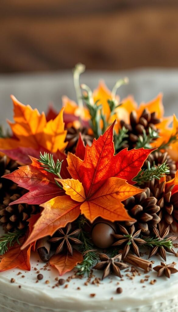 A bountiful arrangement of autumn-inspired cake toppers, artfully crafted with natural materials. In the foreground, a selection of richly-colored maple leaves, gently curled and cast in warm, golden light. Surrounding them, a scatter of pinecones, acorns, and delicate sprigs of rosemary, their earthy tones complementing the vibrant foliage. In the middle ground, a sprinkling of cinnamon sticks and star anise, their exotic aromas wafting through the scene. The background is softly blurred, allowing the seasonal details to take center stage, evoking a sense of rustic elegance and the cozy comforts of autumn. Captured with a shallow depth of field, the image invites the viewer to imagine these captivating toppers adorning a luscious cake, ready to grace a seasonal dessert table.