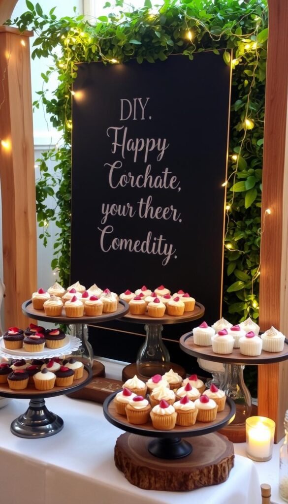 A charming DIY dessert stand, meticulously crafted with rustic wood and elegant touches. In the foreground, an assortment of delectable treats, artfully arranged on tiered platters. Soft, warm lighting casts a cozy glow, enhancing the inviting atmosphere. The middle ground features a chalkboard background, allowing for personalized messaging. In the background, lush greenery and delicate string lights create a whimsical, nature-inspired setting. The entire scene exudes a sense of homemade charm and attention to detail, perfectly capturing the essence of a delightful dessert presentation. A charming DIY dessert stand, meticulously crafted with rustic wood and elegant touches. In the foreground, an assortment of delectable treats, artfully arranged on tiered platters. Soft, warm lighting casts a cozy glow, enhancing the inviting atmosphere. The middle ground features a chalkboard background, allowing for personalized messaging. In the background, lush greenery and delicate string lights create a whimsical, nature-inspired setting. The entire scene exudes a sense of homemade charm and attention to detail, perfectly capturing the essence of a delightful dessert presentation.