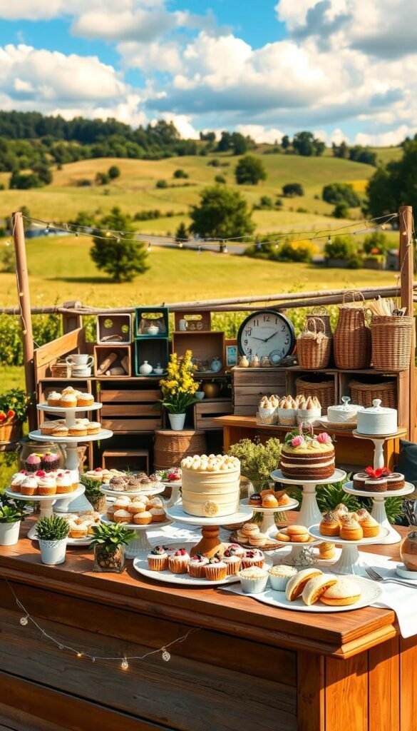 A charming and whimsical outdoor dessert stand, featuring an array of delectable homemade treats. The foreground showcases an assortment of colorful pastries, cakes, and confections artfully displayed on a rustic wooden counter. Potted plants and fairy lights accent the stand, creating a cozy and inviting atmosphere. In the middle ground, a backdrop of vintage wooden crates and wicker baskets add texture and visual interest. The background features a quaint country setting, with rolling hills, lush greenery, and a cloudless azure sky, bathed in warm, golden sunshine. The overall composition exudes a sense of organic, handcrafted elegance, perfectly suited to enhance a vibrant dessert table. A charming and whimsical outdoor dessert stand, featuring an array of delectable homemade treats. The foreground showcases an assortment of colorful pastries, cakes, and confections artfully displayed on a rustic wooden counter. Potted plants and fairy lights accent the stand, creating a cozy and inviting atmosphere. In the middle ground, a backdrop of vintage wooden crates and wicker baskets add texture and visual interest. The background features a quaint country setting, with rolling hills, lush greenery, and a cloudless azure sky, bathed in warm, golden sunshine. The overall composition exudes a sense of organic, handcrafted elegance, perfectly suited to enhance a vibrant dessert table.