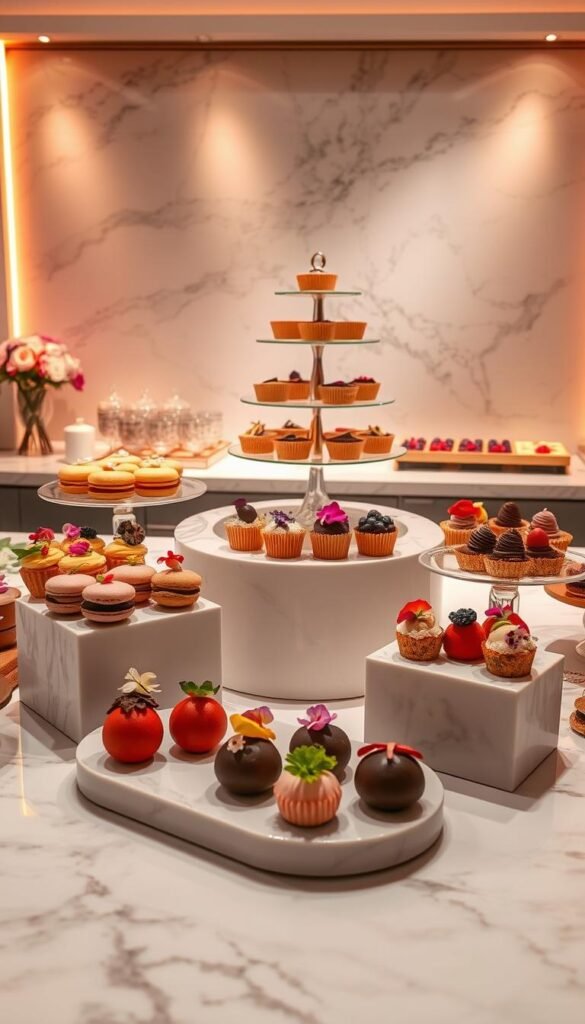 A delectable dessert display set against a backdrop of elegant marble countertops, bathed in warm, soft lighting that casts a mesmerizing glow. In the foreground, an array of decadent treats arranged artfully on sleek, modern pedestals - macarons in vibrant hues, glistening chocolate-dipped strawberries, and bite-sized cakes adorned with edible flowers. The middle ground features a stunning tiered stand showcasing a variety of tarts and tartlets, their crusts delicately fluted and fillings gleaming. In the background, subtle touches of gold and copper accent the display, adding a touch of sophistication. The overall atmosphere exudes a sense of refined indulgence, inviting the viewer to imagine the delightful flavors and textures awaiting. A delectable dessert display set against a backdrop of elegant marble countertops, bathed in warm, soft lighting that casts a mesmerizing glow. In the foreground, an array of decadent treats arranged artfully on sleek, modern pedestals - macarons in vibrant hues, glistening chocolate-dipped strawberries, and bite-sized cakes adorned with edible flowers. The middle ground features a stunning tiered stand showcasing a variety of tarts and tartlets, their crusts delicately fluted and fillings gleaming. In the background, subtle touches of gold and copper accent the display, adding a touch of sophistication. The overall atmosphere exudes a sense of refined indulgence, inviting the viewer to imagine the delightful flavors and textures awaiting.