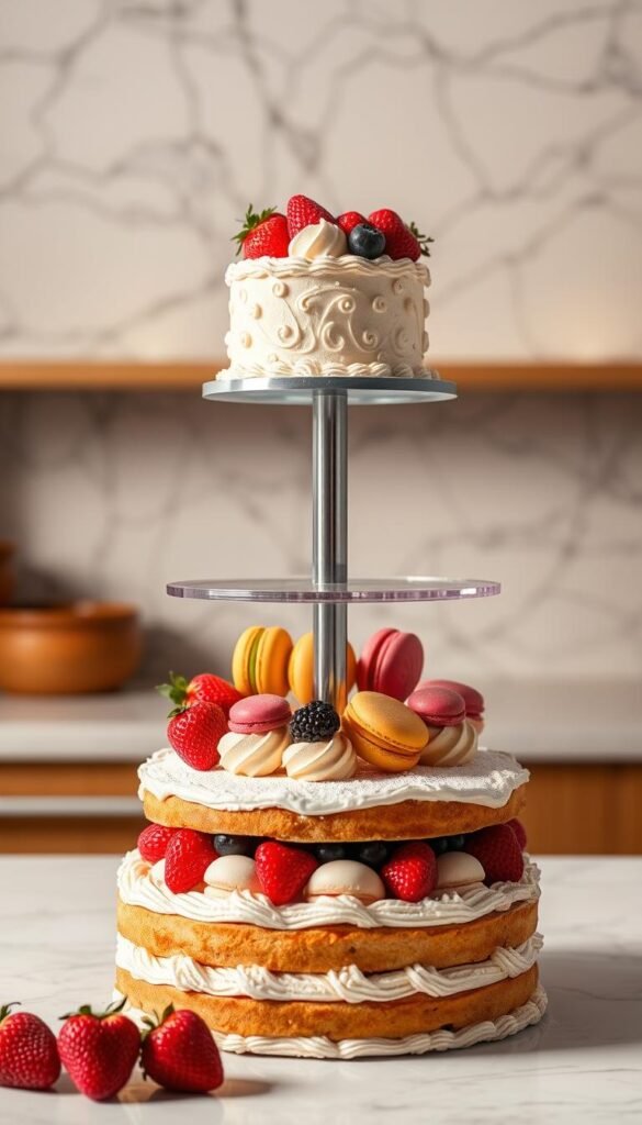 A delicately balanced dessert display, featuring a tiered arrangement of mouthwatering pastries and confections. The foreground showcases an elegant cake, its tiers adorned with intricate piping, fresh berries, and a dusting of powdered sugar. In the middle ground, delicate macarons in vibrant hues, arranged in a visually striking pattern, draw the eye upward. The background reveals a stunning backdrop, perhaps a warm, softly-lit kitchen counter or a pristine marble surface, creating depth and a sense of grandeur. Soft, directional lighting accentuates the textures and colors, casting dramatic shadows that heighten the visual interest. The overall composition conveys a harmonious balance of flavors, textures, and visual appeal, exemplifying the fundamental principles of creating height and layers in captivating dessert displays. A delicately balanced dessert display, featuring a tiered arrangement of mouthwatering pastries and confections. The foreground showcases an elegant cake, its tiers adorned with intricate piping, fresh berries, and a dusting of powdered sugar. In the middle ground, delicate macarons in vibrant hues, arranged in a visually striking pattern, draw the eye upward. The background reveals a stunning backdrop, perhaps a warm, softly-lit kitchen counter or a pristine marble surface, creating depth and a sense of grandeur. Soft, directional lighting accentuates the textures and colors, casting dramatic shadows that heighten the visual interest. The overall composition conveys a harmonious balance of flavors, textures, and visual appeal, exemplifying the fundamental principles of creating height and layers in captivating dessert displays.