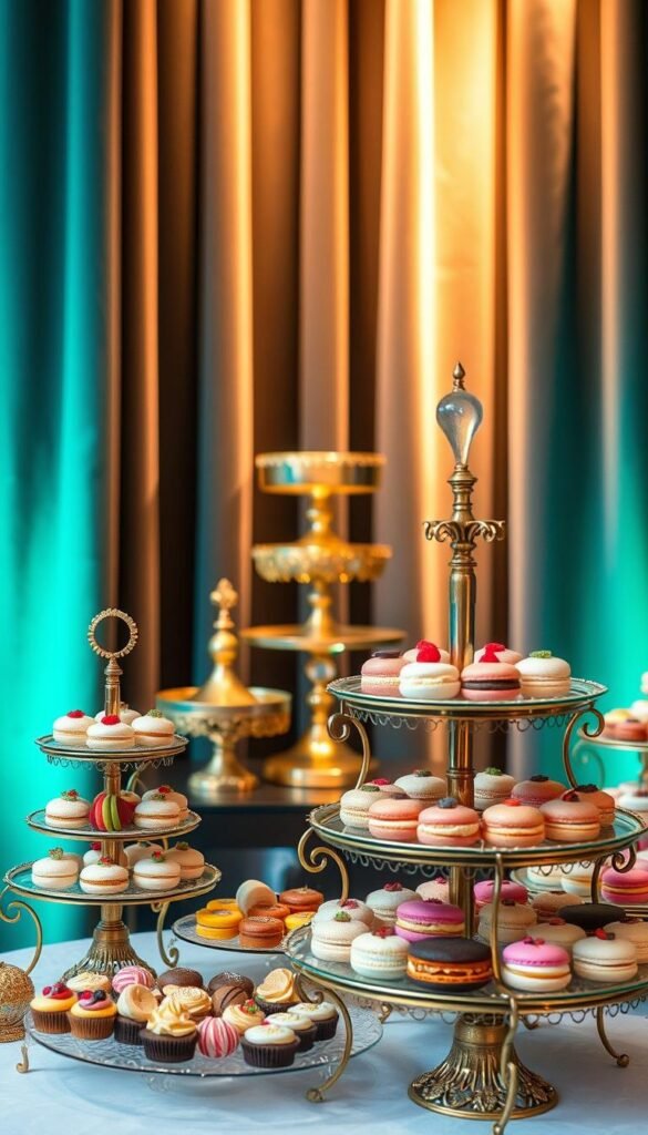 A high-quality, meticulously crafted dessert display with elegant, tiered stands made of intricate metalwork and glass. In the foreground, an array of delicate pastries, macarons, and petit fours are artfully arranged, their colors and textures creating a visually stunning presentation. The middle ground features ornate, gilded cake stands and pedestals, casting a warm, inviting glow under soft, directional lighting. In the background, a backdrop of plush, velvet curtains in a rich, jewel-toned hue provides a sophisticated, luxurious ambiance, emphasizing the decadence of the display. The overall composition exudes a sense of sophistication, attention to detail, and an appreciation for the craftsmanship of both the desserts and the display itself. A high-quality, meticulously crafted dessert display with elegant, tiered stands made of intricate metalwork and glass. In the foreground, an array of delicate pastries, macarons, and petit fours are artfully arranged, their colors and textures creating a visually stunning presentation. The middle ground features ornate, gilded cake stands and pedestals, casting a warm, inviting glow under soft, directional lighting. In the background, a backdrop of plush, velvet curtains in a rich, jewel-toned hue provides a sophisticated, luxurious ambiance, emphasizing the decadence of the display. The overall composition exudes a sense of sophistication, attention to detail, and an appreciation for the craftsmanship of both the desserts and the display itself.