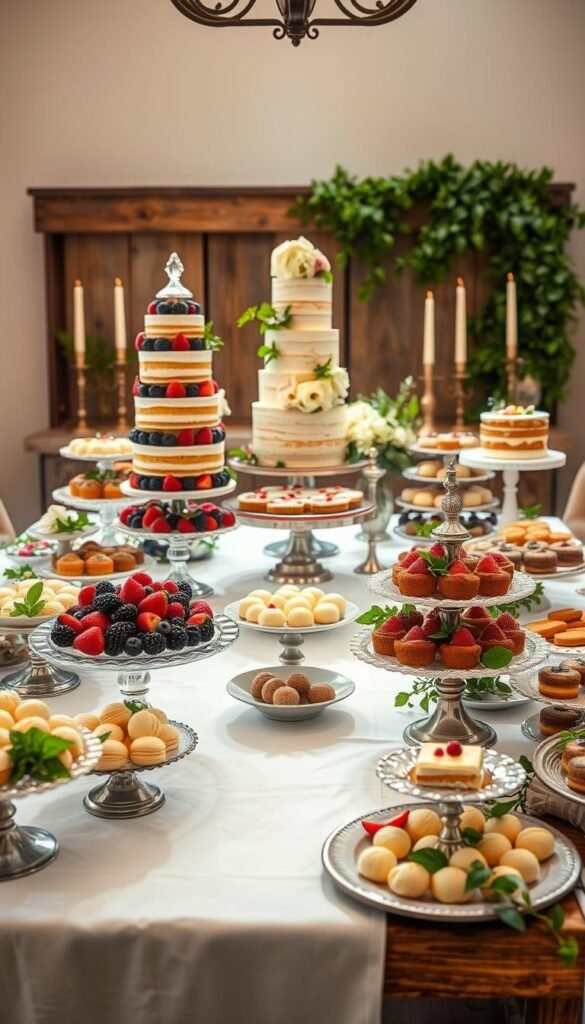 A lavish dessert table set for a chic party, bathed in soft, warm lighting. The foreground features an array of decadent cakes, tarts, and pastries artfully arranged on elegant glass and ceramic stands. Towering tiered desserts take center stage, surrounded by bowls of fresh berries, sprigs of mint, and delicate edible flowers. In the middle ground, antique silver servers hold an assortment of truffles, macarons, and other petite sweets. The background showcases a rustic wooden table draped with a crisp white linen tablecloth, complemented by vintage-inspired candlesticks and fresh greenery spilling over the edges. An atmosphere of indulgence and celebration pervades the scene, captured through a wide-angle lens to showcase the full splendor of the dessert display. A lavish dessert table set for a chic party, bathed in soft, warm lighting. The foreground features an array of decadent cakes, tarts, and pastries artfully arranged on elegant glass and ceramic stands. Towering tiered desserts take center stage, surrounded by bowls of fresh berries, sprigs of mint, and delicate edible flowers. In the middle ground, antique silver servers hold an assortment of truffles, macarons, and other petite sweets. The background showcases a rustic wooden table draped with a crisp white linen tablecloth, complemented by vintage-inspired candlesticks and fresh greenery spilling over the edges. An atmosphere of indulgence and celebration pervades the scene, captured through a wide-angle lens to showcase the full splendor of the dessert display.