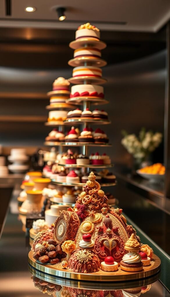 A lush, multi-tiered dessert display sits on a sleek, glass-topped counter, bathed in warm, soft lighting. In the foreground, an array of ornate, hand-crafted pastries and confections are artfully arranged, their intricate textures and vibrant colors drawing the eye. Behind them, tall, tiered stands hold an assortment of decadent cakes and tarts, their layers carefully built to create a sense of height and visual interest. In the background, a backdrop of polished stainless steel surfaces and subtle, minimalist decor provides a sophisticated and elegant setting, allowing the desserts to truly shine. The overall composition evokes a sense of decadence, craftsmanship, and culinary mastery, perfectly capturing the essence of creating dynamic, layered dessert displays. A lush, multi-tiered dessert display sits on a sleek, glass-topped counter, bathed in warm, soft lighting. In the foreground, an array of ornate, hand-crafted pastries and confections are artfully arranged, their intricate textures and vibrant colors drawing the eye. Behind them, tall, tiered stands hold an assortment of decadent cakes and tarts, their layers carefully built to create a sense of height and visual interest. In the background, a backdrop of polished stainless steel surfaces and subtle, minimalist decor provides a sophisticated and elegant setting, allowing the desserts to truly shine. The overall composition evokes a sense of decadence, craftsmanship, and culinary mastery, perfectly capturing the essence of creating dynamic, layered dessert displays.
