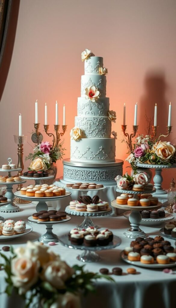 A luxurious dessert table set against a backdrop of soft, warm lighting, showcasing an array of decadent confections. In the foreground, a stunning focal point - a towering, multi-tiered cake adorned with intricate patterns and delicate sugar flowers. Surrounding it, an elegant display of individual desserts, each one a work of art, from delicate macarons to rich chocolate truffles, all artfully arranged on vintage-inspired platters and cake stands. The middle ground features ornate candlesticks, fresh florals, and delicate glassware, creating a sense of refined opulence. In the background, a subtle and sophisticated color palette, with muted tones and textures that enhance the overall elegance of the scene. The entire tableau is captured through a softly focused lens, emphasizing the dreamlike quality of this visually captivating dessert table. A luxurious dessert table set against a backdrop of soft, warm lighting, showcasing an array of decadent confections. In the foreground, a stunning focal point - a towering, multi-tiered cake adorned with intricate patterns and delicate sugar flowers. Surrounding it, an elegant display of individual desserts, each one a work of art, from delicate macarons to rich chocolate truffles, all artfully arranged on vintage-inspired platters and cake stands. The middle ground features ornate candlesticks, fresh florals, and delicate glassware, creating a sense of refined opulence. In the background, a subtle and sophisticated color palette, with muted tones and textures that enhance the overall elegance of the scene. The entire tableau is captured through a softly focused lens, emphasizing the dreamlike quality of this visually captivating dessert table.