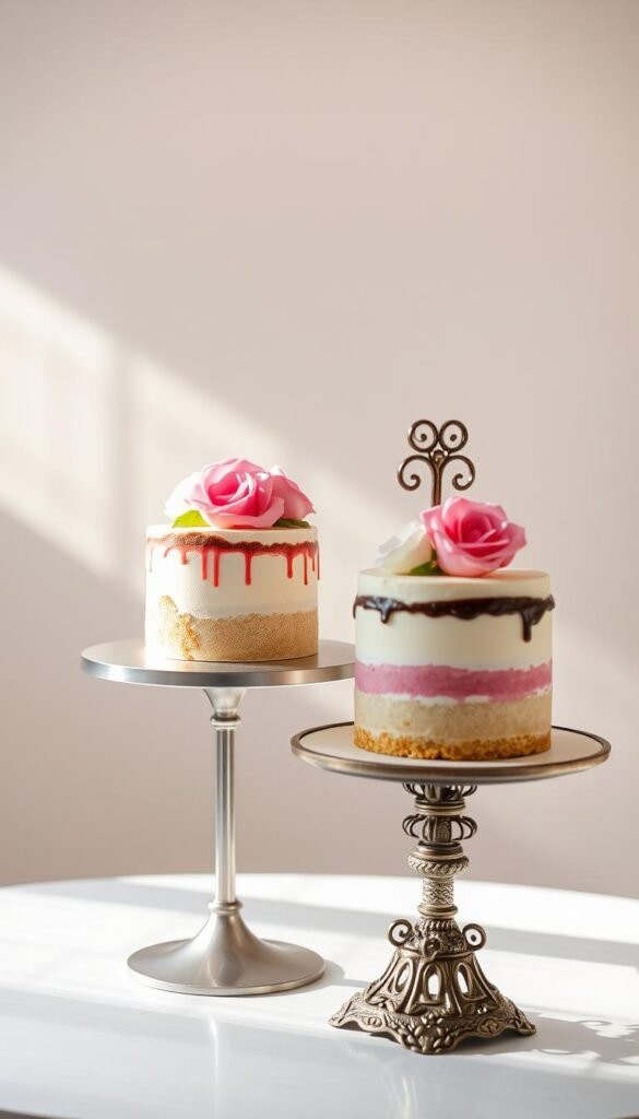 A modern and a vintage cake display stand, side by side, illuminated by soft, natural lighting. The modern stand is minimalist, with clean lines and a sleek, brushed metal finish. The vintage stand is ornate, with intricate, scrolling metalwork and a distressed, antique-style patina. The cakes themselves are beautifully styled, with vibrant colors, delicate textures, and artful presentations that accentuate the contrasting display stands. The scene has a sense of balance and harmony, inviting the viewer to compare and appreciate the unique aesthetics of both modern and vintage dessert styling.