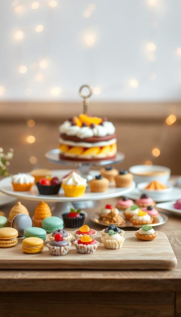 A simple yet elegant dessert table, featuring a variety of delectable treats arranged on a wooden surface. In the foreground, a selection of colorful macarons, bite-sized tarts, and delicate pastries sit atop an uncluttered display. The middle ground showcases a tiered cake stand with layers of decadent chocolate cake, lemon meringue, and seasonal fruit. In the background, delicate fairy lights twinkle, casting a warm, inviting glow over the scene. The overall composition is balanced and harmonious, with a focus on simplicity and natural textures that would complement a variety of occasions. A simple yet elegant dessert table, featuring a variety of delectable treats arranged on a wooden surface. In the foreground, a selection of colorful macarons, bite-sized tarts, and delicate pastries sit atop an uncluttered display. The middle ground showcases a tiered cake stand with layers of decadent chocolate cake, lemon meringue, and seasonal fruit. In the background, delicate fairy lights twinkle, casting a warm, inviting glow over the scene. The overall composition is balanced and harmonious, with a focus on simplicity and natural textures that would complement a variety of occasions.