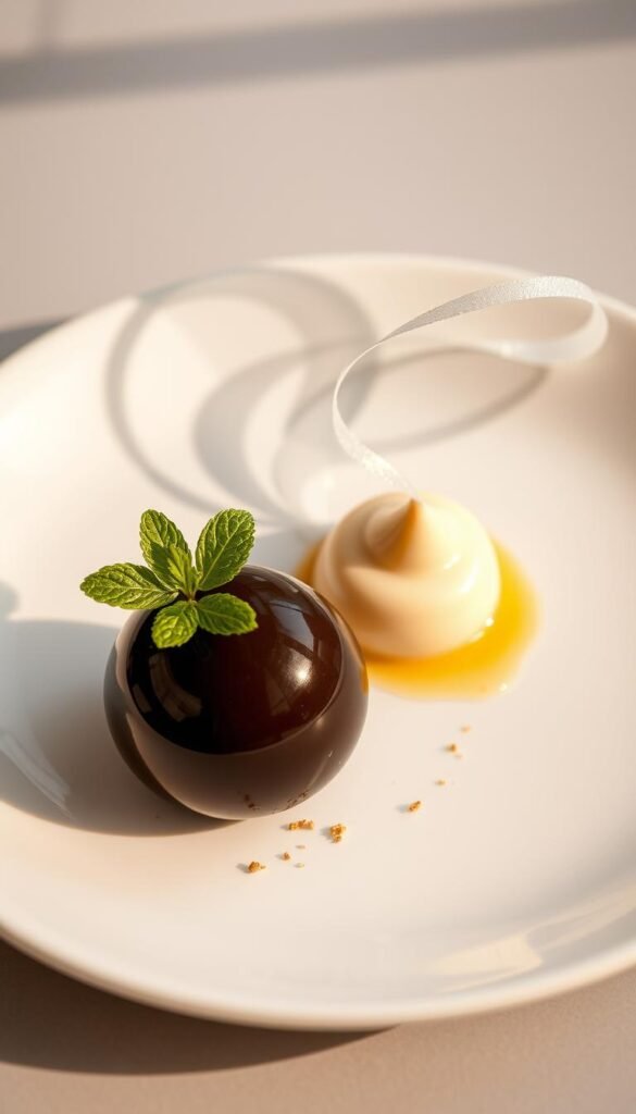 A sleek, modern dessert presentation on a minimalist, white ceramic plate. In the foreground, a meticulously sculpted sphere of dark chocolate ganache, its glossy surface reflecting the soft, warm lighting. Delicate sprigs of fresh mint and a scattering of edible gold flakes add pops of color and texture. The middle ground features a precisely piped swirl of creamy vanilla bean custard, its silky smooth consistency juxtaposed against the sharp, angular plate. In the background, a wispy, transparent sugar tuile curves gracefully, casting delicate shadows across the composition. The overall aesthetic is one of elegant simplicity, highlighting the natural beauty and artistry of the components.