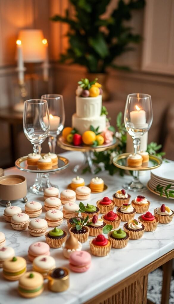 A small but meticulously styled dessert table, showcasing an array of delicate pastries and confections. The foreground features an assortment of bite-sized delights - macarons, mini tarts, and delicate petit fours, artfully arranged on a marble or wood surface. The middle ground highlights a central showpiece, perhaps a small tiered cake or a sculptural fruit arrangement, complemented by decorative elements like gold-rimmed plates, crystal stemware, and lush greenery. The background subtly hints at a cozy, intimate setting, with soft lighting, perhaps from candles or a gentle lamp, creating a warm and inviting ambiance. The overall composition emphasizes the elegance and refinement of a well-curated dessert experience within a limited space. A small but meticulously styled dessert table, showcasing an array of delicate pastries and confections. The foreground features an assortment of bite-sized delights - macarons, mini tarts, and delicate petit fours, artfully arranged on a marble or wood surface. The middle ground highlights a central showpiece, perhaps a small tiered cake or a sculptural fruit arrangement, complemented by decorative elements like gold-rimmed plates, crystal stemware, and lush greenery. The background subtly hints at a cozy, intimate setting, with soft lighting, perhaps from candles or a gentle lamp, creating a warm and inviting ambiance. The overall composition emphasizes the elegance and refinement of a well-curated dessert experience within a limited space.