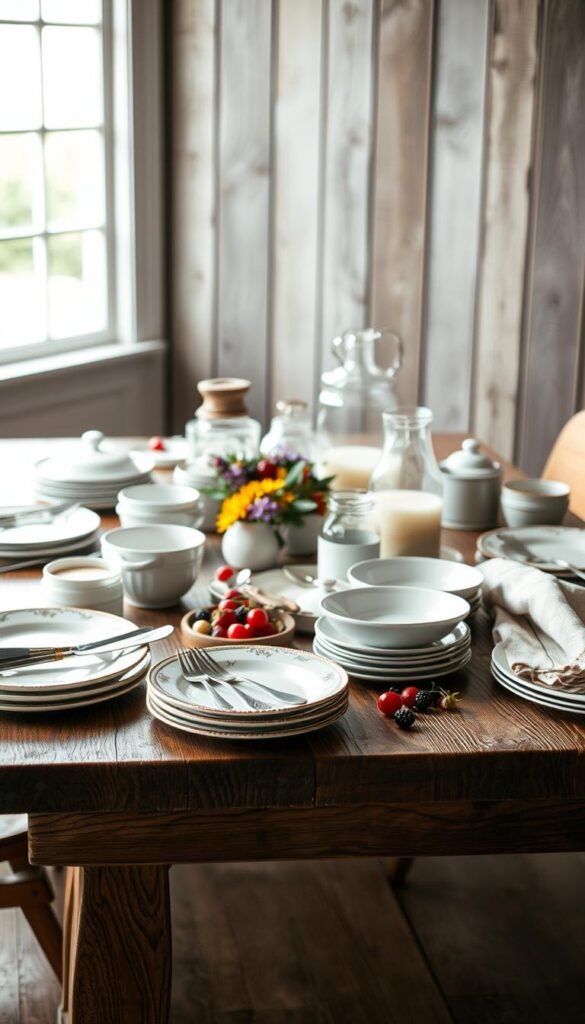 A thoughtfully curated collection of dessert styling props arranged on a rustic wooden table, illuminated by natural soft lighting from a large window. In the foreground, an array of delicate china plates, antique silver utensils, and artfully folded linen napkins. In the middle ground, a variety of textures and shapes - vintage glass jars, ceramic ramekins, and a sprinkling of edible flowers and fresh berries. The background features a simple backdrop of weathered wooden planks, conveying a sense of timeless elegance and a refined, yet approachable atmosphere perfect for showcasing modern or vintage-inspired desserts.