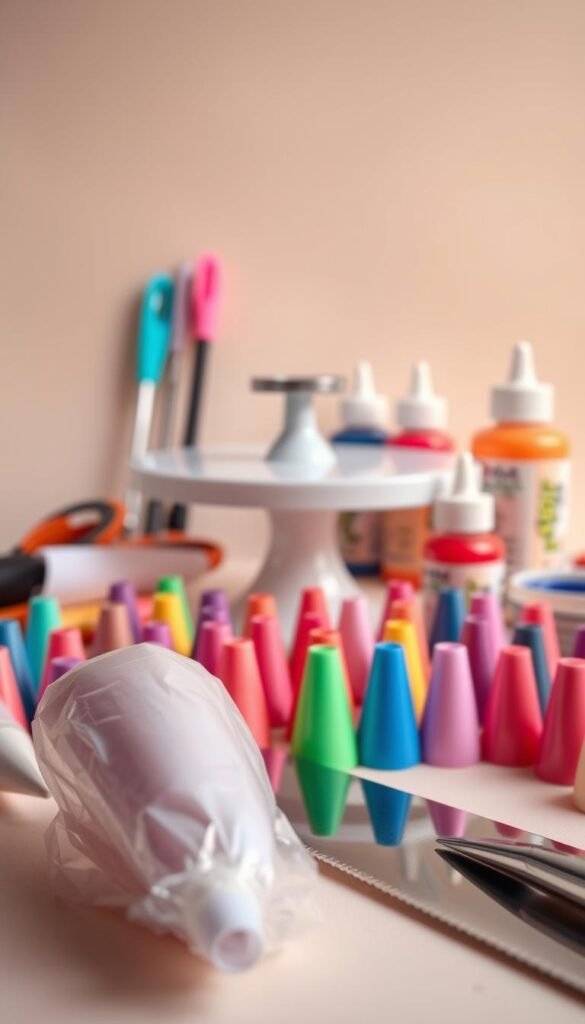 A vibrant assortment of cake decorating tools, meticulously arranged against a soft, neutral background. In the foreground, a delicate piping bag, an array of colorful icing tips, and a serrated knife glisten under warm, natural lighting. The middle ground features fondant smoothers, a rotating cake stand, and a selection of food coloring gels. In the background, a subtle backdrop subtly accentuates the tools, creating a sense of depth and focus on the essential elements of cake decoration. The overall composition conveys a sense of artistry, precision, and the promise of beautifully crafted desserts.