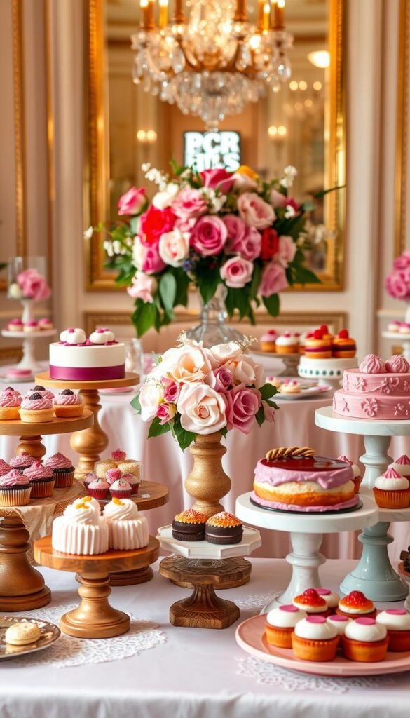 A vibrant, elegantly styled dessert table with a cohesive color palette. In the foreground, an array of decadent pastries, cakes, and confections arranged artfully on wooden and marble pedestals, their frosting and fillings in complementary hues. The middle ground features an elegant floral centerpiece in shades that echo the desserts, framed by delicate lace and satin tablecloths. The background suggests a warm, softly-lit interior, with hints of golden accents and polished metallic surfaces that create a sophisticated, inviting ambiance. Soft natural light filters in, casting a gentle glow over the scene and highlighting the thoughtful color coordination that ties the entire dessert display together. A vibrant, elegantly styled dessert table with a cohesive color palette. In the foreground, an array of decadent pastries, cakes, and confections arranged artfully on wooden and marble pedestals, their frosting and fillings in complementary hues. The middle ground features an elegant floral centerpiece in shades that echo the desserts, framed by delicate lace and satin tablecloths. The background suggests a warm, softly-lit interior, with hints of golden accents and polished metallic surfaces that create a sophisticated, inviting ambiance. Soft natural light filters in, casting a gentle glow over the scene and highlighting the thoughtful color coordination that ties the entire dessert display together.
