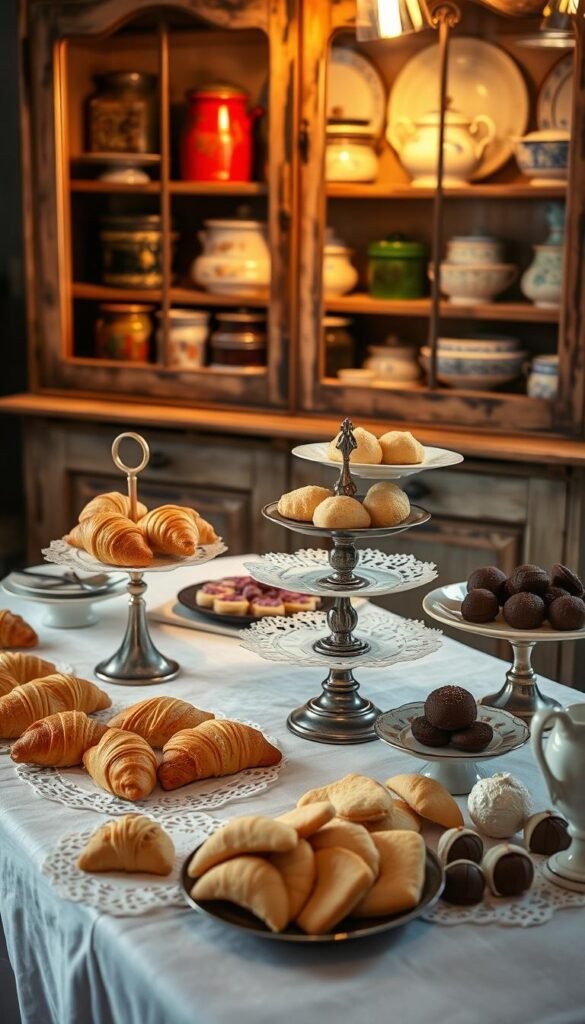A vintage-styled dessert table, illuminated by soft, warm lighting. On the tabletop, an array of delicate pastries and confections - flaky croissants, buttery shortbread, and decadent chocolate truffles, arranged artfully on tiered stands and doilies. In the background, a weathered wooden cabinet holds an assortment of antique baking tins and porcelain serving dishes. The overall scene evokes a cozy, timeless charm, with a hint of nostalgia and attention to detail that defines the essence of vintage dessert styling.
