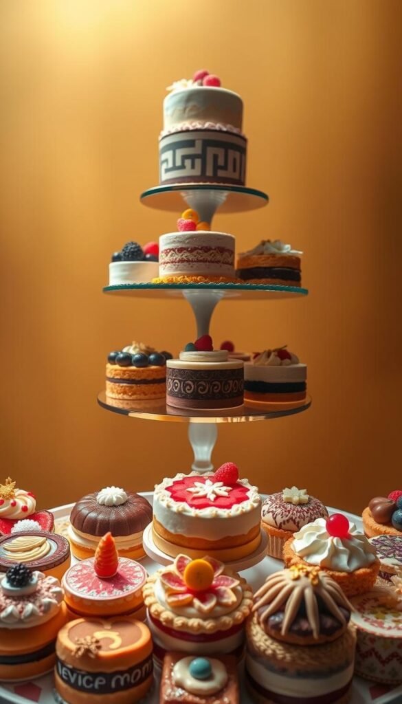 A visually striking overhead view of a dessert display, showcasing a tiered arrangement of decadent cakes, tarts, and pastries against a warm, golden-hued backdrop. The foreground features delicately crafted confections adorned with intricate patterns, vibrant glazes, and delicate garnishes, creating a sense of height and depth. The middle ground reveals a clean, minimalist display stand, allowing the desserts to take center stage. In the background, a soft, diffused lighting illuminates the scene, casting gentle shadows and highlights to accentuate the textures and shapes of the pastries. The overall atmosphere conveys a sense of elegance, artistry, and the rich, indulgent nature of the displayed desserts. A visually striking overhead view of a dessert display, showcasing a tiered arrangement of decadent cakes, tarts, and pastries against a warm, golden-hued backdrop. The foreground features delicately crafted confections adorned with intricate patterns, vibrant glazes, and delicate garnishes, creating a sense of height and depth. The middle ground reveals a clean, minimalist display stand, allowing the desserts to take center stage. In the background, a soft, diffused lighting illuminates the scene, casting gentle shadows and highlights to accentuate the textures and shapes of the pastries. The overall atmosphere conveys a sense of elegance, artistry, and the rich, indulgent nature of the displayed desserts.
