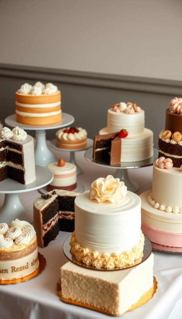 A visually stunning dessert table featuring an assortment of expertly crafted cakes in a variety of shapes, sizes, and flavors. Delicate sponge cakes with smooth buttercream frosting, dense and fudgy chocolate cakes, fluffy chiffon cakes with intricate designs, and elegant fondant-covered tiers all arranged in a harmonious display. Soft, diffused lighting casts a warm, inviting glow, highlighting the textural contrast and rich colors of the cakes. The table is set against a backdrop of muted, neutral tones, allowing the cakes to take center stage. This carefully curated selection showcases the diversity and artistry of the cake-making craft, perfectly suited to elevate any celebratory occasion.