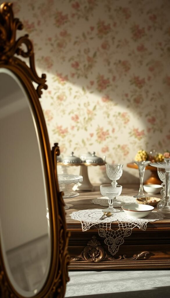 An elegant and well-lit dessert table backdrop featuring an array of vintage-inspired props. In the foreground, an ornate, gold-framed mirror reflects the scene, casting a warm glow. In the middle ground, an assortment of delicate lace doilies, ceramic serving dishes, and crystal stemware are artfully arranged on a weathered wooden surface. The background showcases a softly blurred, pastel-hued floral wallpaper, evoking a sense of timeless sophistication. Gentle side lighting creates dramatic shadows and highlights the textures and details of the styling elements. This cohesive, visually-striking composition would serve as the perfect setting to showcase a delectable dessert.