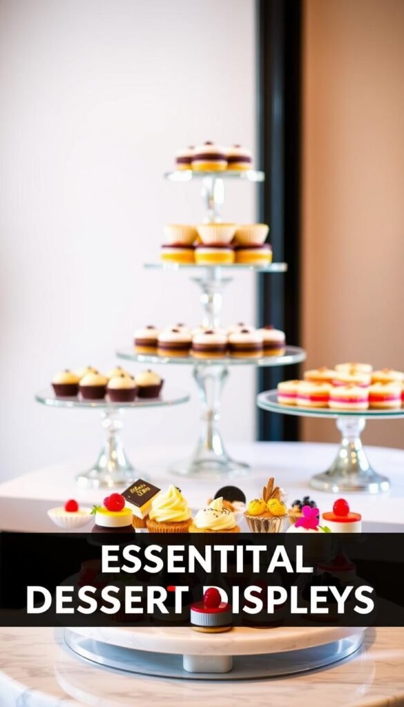 An elegant dessert display with a tiered arrangement of various decadent confections, showcased under warm, softly diffused lighting. In the foreground, an assortment of miniature cakes, tarts, and mousses sits atop a marble or glass pedestal, their vibrant colors and intricate designs drawing the eye. In the middle ground, taller cake stands hold delicate pastries, their layers rising in a visually captivating manner. The background features a neutral, minimalist backdrop, allowing the desserts to take center stage and creating a sense of sophistication and refinement. The overall composition emphasizes height, texture, and a harmonious balance of flavors and visual appeal, reflecting the "Essential Dessert Display Tips for Stunning Presentations." An elegant dessert display with a tiered arrangement of various decadent confections, showcased under warm, softly diffused lighting. In the foreground, an assortment of miniature cakes, tarts, and mousses sits atop a marble or glass pedestal, their vibrant colors and intricate designs drawing the eye. In the middle ground, taller cake stands hold delicate pastries, their layers rising in a visually captivating manner. The background features a neutral, minimalist backdrop, allowing the desserts to take center stage and creating a sense of sophistication and refinement. The overall composition emphasizes height, texture, and a harmonious balance of flavors and visual appeal, reflecting the "Essential Dessert Display Tips for Stunning Presentations."