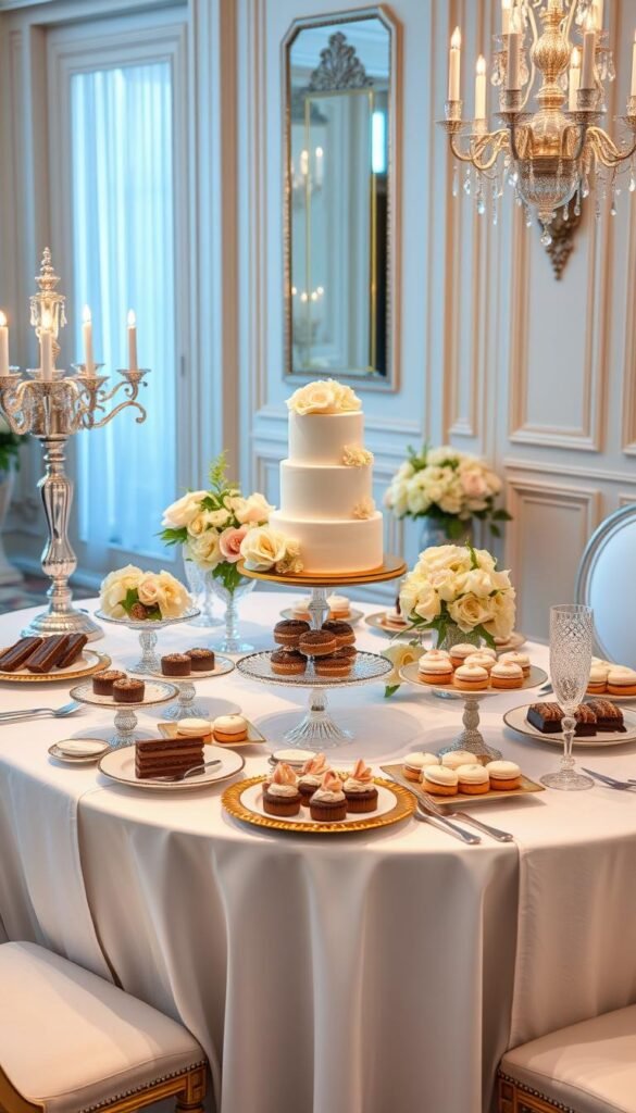 An elegant dessert table setup in a luxurious dining room. Crisp white tablecloth and runners, with delicate floral arrangements in subtle pastel hues. Ornate silver candlesticks casting a warm, soft glow across the scene. A variety of decadent desserts artfully displayed - velvety chocolate cakes, delicate macarons, flaky pastries, and an exquisite tiered cake as the centerpiece. Ornate gold-rimmed china, sparkling crystal glassware, and polished silverware complete the refined, harmonious tableau. The overall atmosphere is one of effortless sophistication and refined indulgence. An elegant dessert table setup in a luxurious dining room. Crisp white tablecloth and runners, with delicate floral arrangements in subtle pastel hues. Ornate silver candlesticks casting a warm, soft glow across the scene. A variety of decadent desserts artfully displayed - velvety chocolate cakes, delicate macarons, flaky pastries, and an exquisite tiered cake as the centerpiece. Ornate gold-rimmed china, sparkling crystal glassware, and polished silverware complete the refined, harmonious tableau. The overall atmosphere is one of effortless sophistication and refined indulgence.