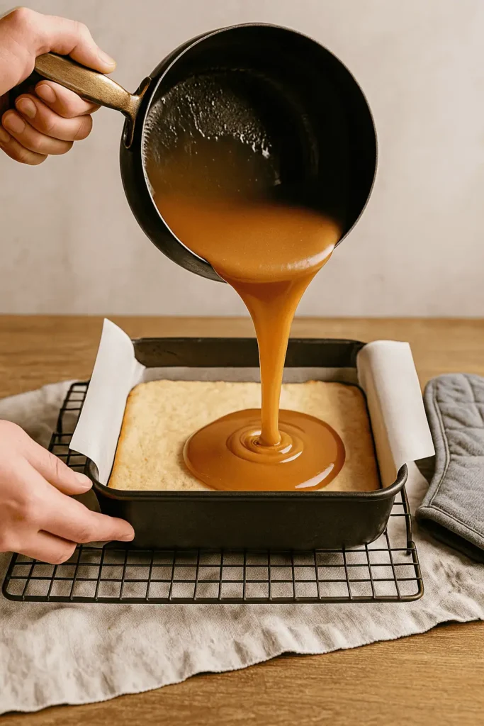 Pour caramel over cooled shortbread layer. Smooth evenly. Chill 30 minutes until set.