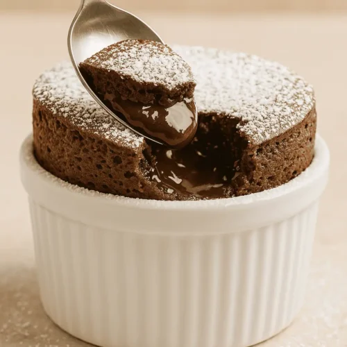 Overhead photo of a puffed chocolate soufflé in a white ramekin, dusted with powdered sugar and served with a spoon.