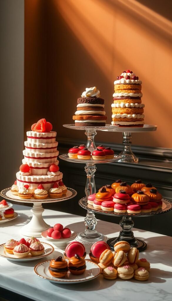 Elegant dessert stands with intricate tiered platters, towering layered cakes, and delicate macarons arranged in a visually striking display. Warm lighting from above casts a soft glow, casting shadows that create depth and dimension. The desserts are positioned at varying heights, some precariously balanced, others cascading downwards, all culminating in a visually captivating, Instagram-worthy presentation. The scene evokes a sense of refinement and indulgence, inviting the viewer to imagine the flavors and textures of these elevated desserts. Glossy glazes, vibrant colors, and carefully placed garnishes add the final touches to this meticulously crafted dessert tableau. Elegant dessert stands with intricate tiered platters, towering layered cakes, and delicate macarons arranged in a visually striking display. Warm lighting from above casts a soft glow, casting shadows that create depth and dimension. The desserts are positioned at varying heights, some precariously balanced, others cascading downwards, all culminating in a visually captivating, Instagram-worthy presentation. The scene evokes a sense of refinement and indulgence, inviting the viewer to imagine the flavors and textures of these elevated desserts. Glossy glazes, vibrant colors, and carefully placed garnishes add the final touches to this meticulously crafted dessert tableau.