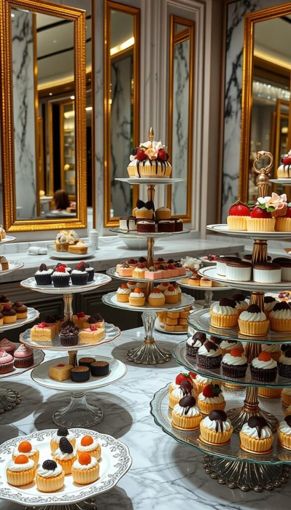 High-end, deluxe layered dessert displays with a variety of cakes, pastries, and confections arranged on elegant tiered stands. The foreground features a selection of enticing miniature cakes and tarts in ornate porcelain or glass platters. The middle ground showcases towering multi-tiered dessert stands adorned with drizzles of chocolate, fresh berries, and delicate florals. The background reveals a luxurious backdrop of polished marble countertops and shimmering gold-framed mirrors, casting a warm, inviting glow. Soft, directional lighting highlights the textures and colors of the mouthwatering desserts. Captured with a wide-angle lens to emphasize the grandeur and depth of the display. High-end, deluxe layered dessert displays with a variety of cakes, pastries, and confections arranged on elegant tiered stands. The foreground features a selection of enticing miniature cakes and tarts in ornate porcelain or glass platters. The middle ground showcases towering multi-tiered dessert stands adorned with drizzles of chocolate, fresh berries, and delicate florals. The background reveals a luxurious backdrop of polished marble countertops and shimmering gold-framed mirrors, casting a warm, inviting glow. Soft, directional lighting highlights the textures and colors of the mouthwatering desserts. Captured with a wide-angle lens to emphasize the grandeur and depth of the display.