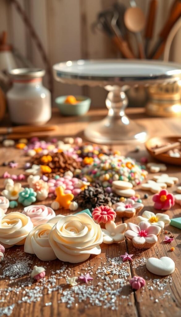 Homemade cake decorations arranged on a rustic wooden table. In the foreground, an assortment of piped buttercream rosettes, shimmering sugar crystals, and delicate edible flowers. In the middle ground, an array of colorful sprinkles, chocolate shavings, and freshly-made fondant shapes. In the background, a gleaming vintage cake stand and a scattering of baking utensils create a cozy, DIY atmosphere. Warm, natural lighting casts a soft glow, highlighting the homemade, handcrafted aesthetic. The overall mood is one of creativity, delight, and the joy of baking.