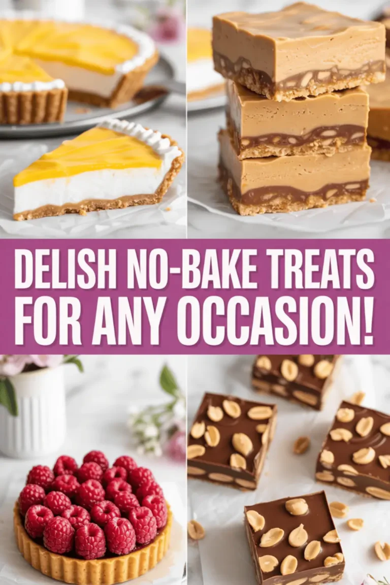 A collage image featuring multiple no-bake desserts, including cheesecake jars, chocolate lasagna, lemon pie, peanut butter bars, and raspberry tart, displayed in a bright and inviting party setting. The collage highlights 15 different easy no-bake dessert recipes, perfect for parties, holidays, or quick treats. Natural lighting and human-style styling make the desserts look delicious and approachable.