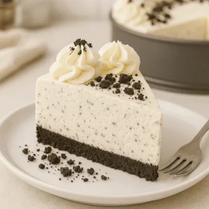 A beautiful slice of the Oreo cheesecake on a dessert plate, fork beside it, garnished with whipped cream and Oreo crumbs. Bright, airy lighting with a lightly blurred kitchen background for a fresh, homey vibe.