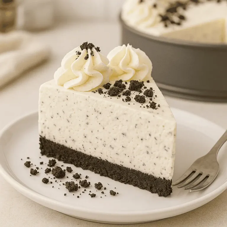 A beautiful slice of the Oreo cheesecake on a dessert plate, fork beside it, garnished with whipped cream and Oreo crumbs. Bright, airy lighting with a lightly blurred kitchen background for a fresh, homey vibe.