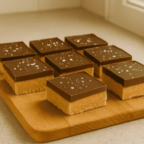 A bright, clean shot of the fully set bars sliced neatly on a wooden board. Focus on the sharp contrast between the chocolate top and peanut butter base. Add a garnish of flaky sea salt for sparkle. Use natural lighting near a window with a neutral kitchen background—minimalist but warm and inviting.