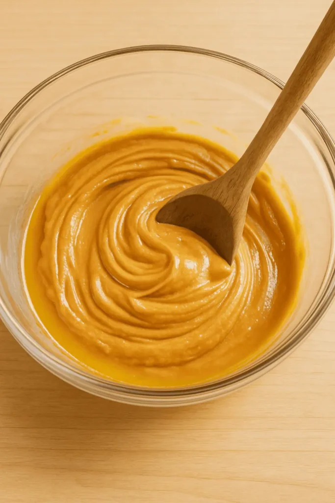 Capture a large glass bowl with creamy peanut butter and melted butter being stirred together with a wooden spoon. Focus on the smooth, glossy texture.