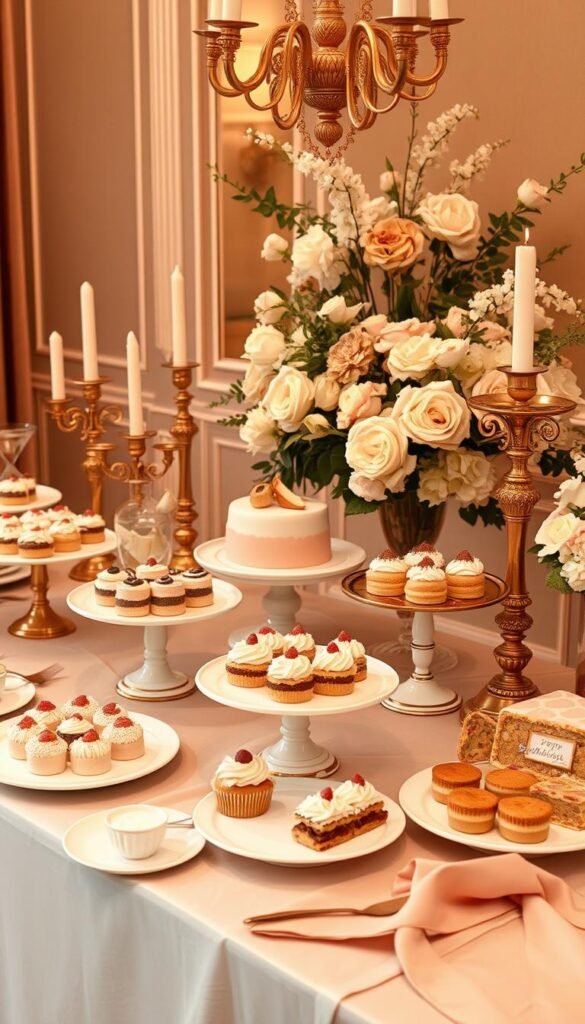 a sophisticated dessert table with a cohesive color theme, set in a warm, inviting environment. the table is adorned with an assortment of delectable desserts, elegantly arranged on white plates and platters. a mix of textures and shapes, from smooth and glossy to fluffy and crumbly, create visual interest. the color palette features soft, muted tones of blush, peach, and ivory, accented by touches of gold and copper. ornate candlesticks, lush floral arrangements, and delicate linens add to the refined, luxurious atmosphere. soft, diffused lighting casts a warm glow, highlighting the intricate details and creating a sense of elegance and sophistication. a sophisticated dessert table with a cohesive color theme, set in a warm, inviting environment. the table is adorned with an assortment of delectable desserts, elegantly arranged on white plates and platters. a mix of textures and shapes, from smooth and glossy to fluffy and crumbly, create visual interest. the color palette features soft, muted tones of blush, peach, and ivory, accented by touches of gold and copper. ornate candlesticks, lush floral arrangements, and delicate linens add to the refined, luxurious atmosphere. soft, diffused lighting casts a warm glow, highlighting the intricate details and creating a sense of elegance and sophistication.