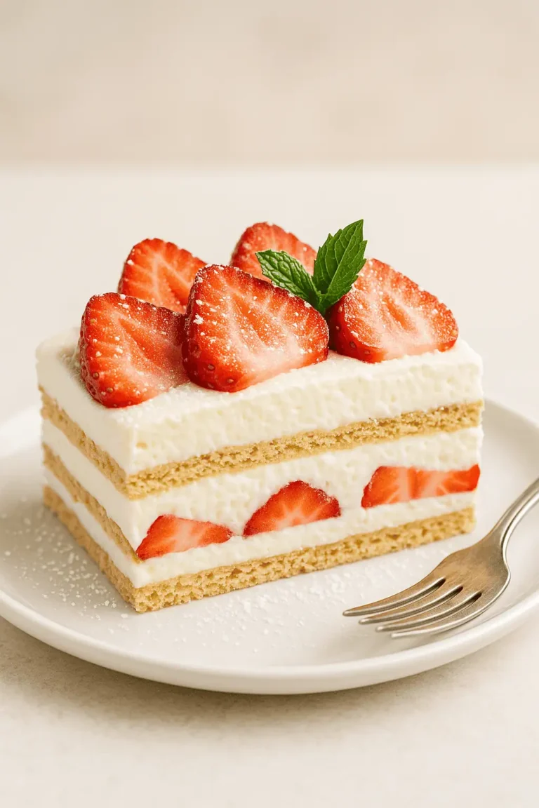 A beautifully plated slice of the icebox cake on a white dessert plate, with a fork beside it. The cake slice shows clear layers of graham crackers, cream, and strawberries, garnished with a fresh mint sprig and dusting of powdered sugar.