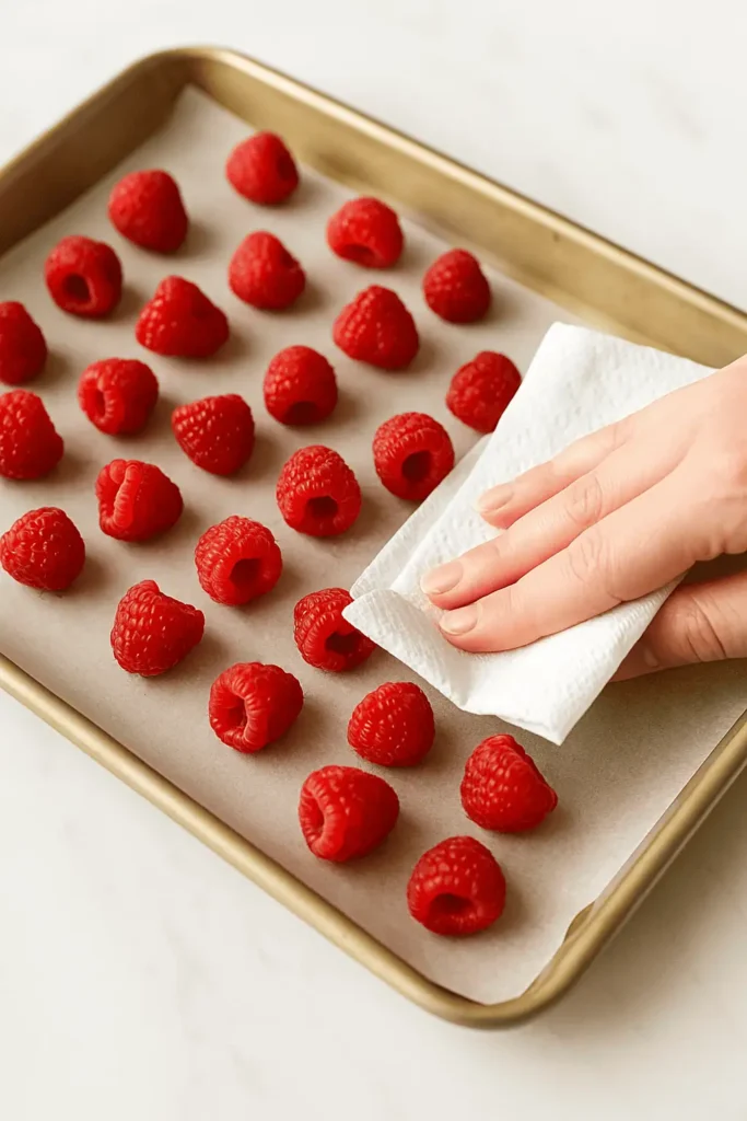 1. Gently rinse raspberries and pat them completely dry with a paper towel. Place in freezer for 15โ20 minutes.