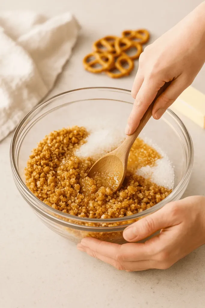 Make the crust: Preheat oven to 350°F. Combine crushed pretzels, sugar, and melted butter. Press firmly into a 9-inch pie dish. Bake for 8-10 minutes. Cool completely.