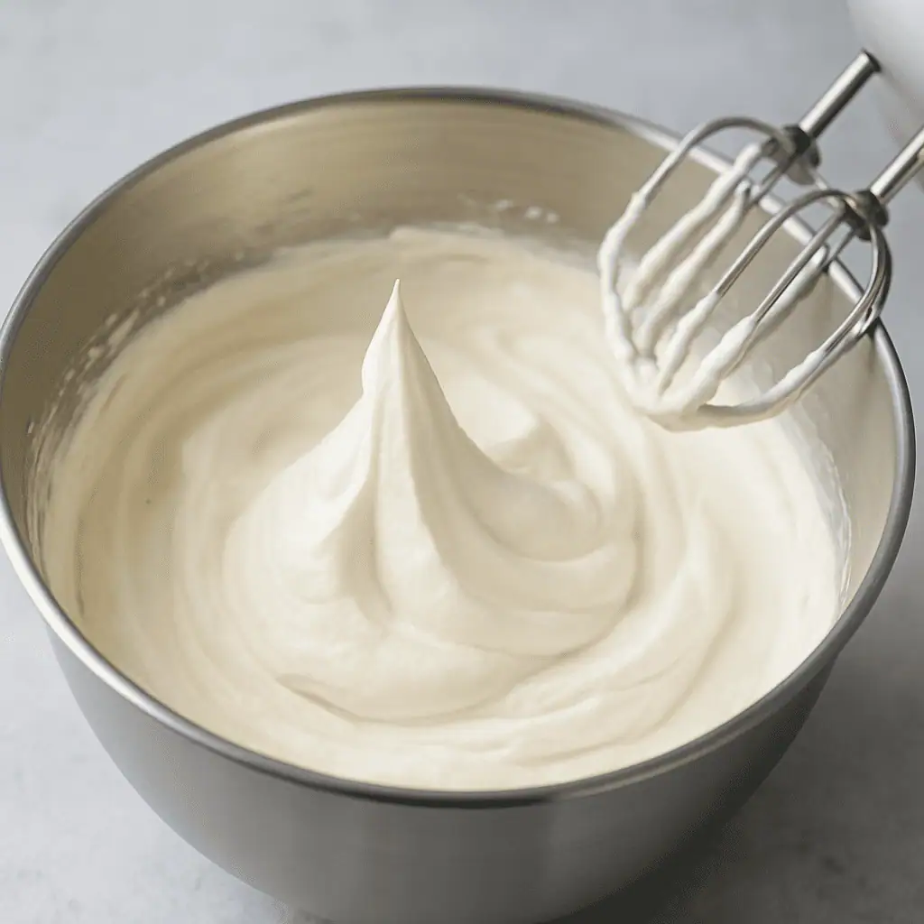 Whip the cream: In a separate bowl, whip the heavy cream until stiff peaks form. Gently fold the whipped cream into the cream cheese mixture until fully combined.